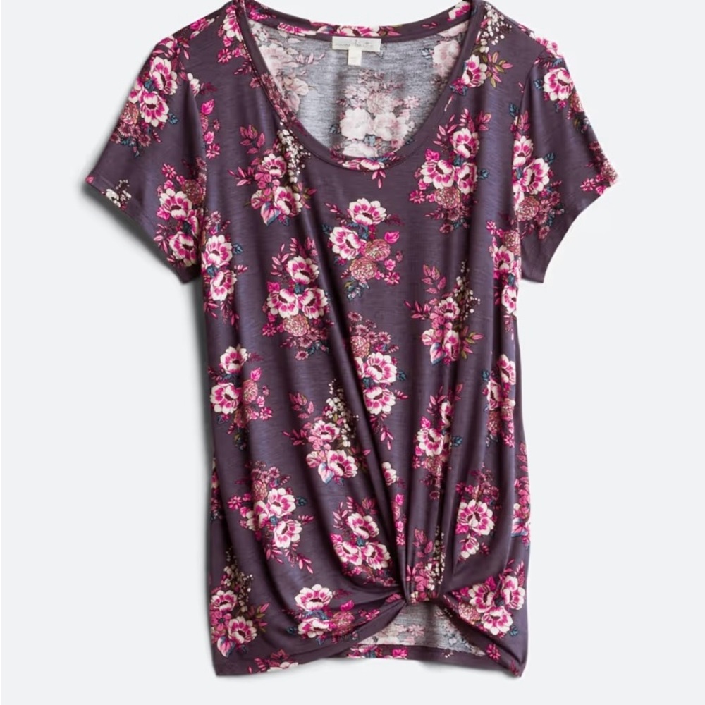 Nine Britton Floral V-Neck Knot Tee - Purple and Pink
